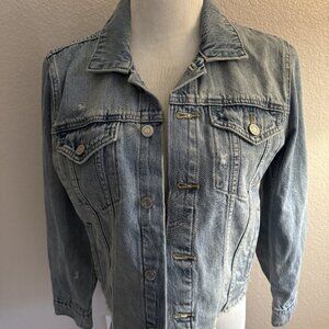 Lucky Brand Tomboy Trucker Blue Jean Denim Jacket Frayed Hem Distressed Size Med
